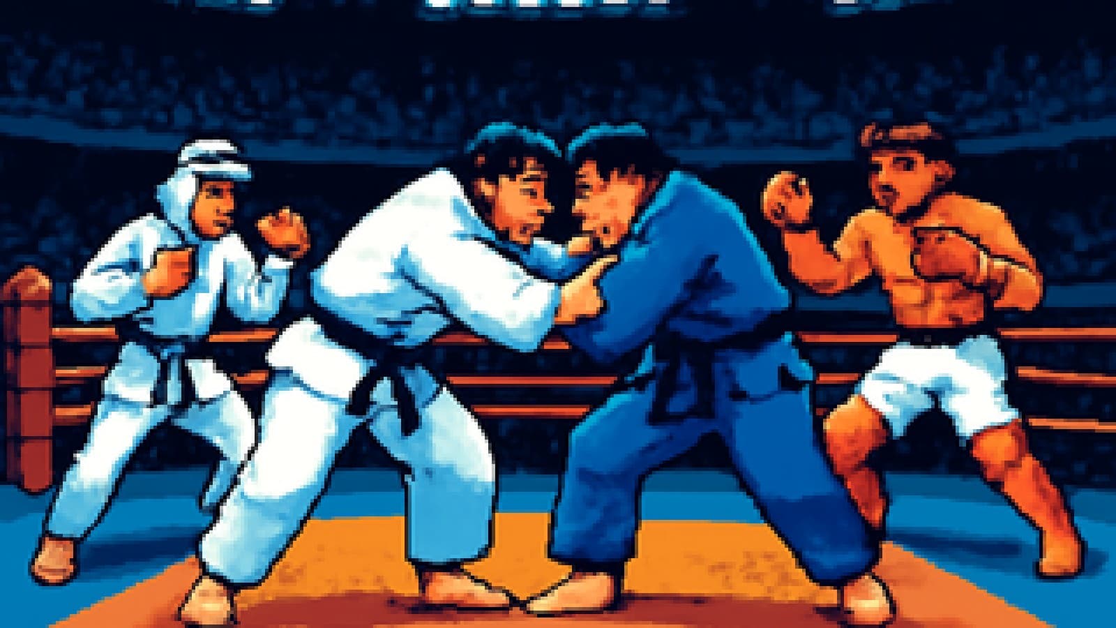 Pixel art of two grapplers deadlocked on a mat while three striking martial artists wait outside the ring.