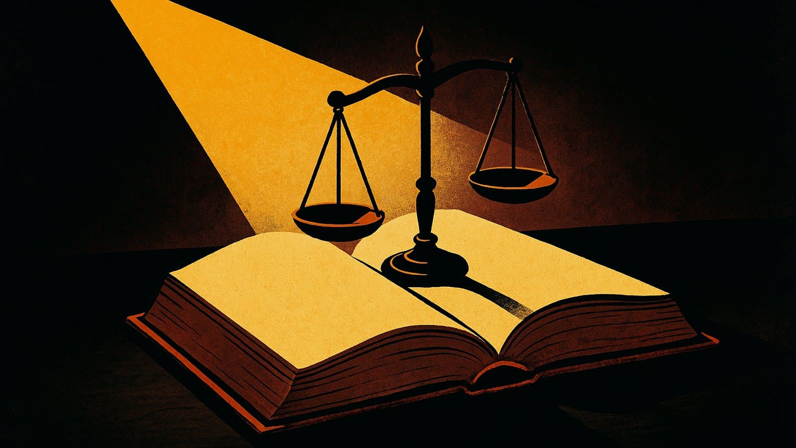An open antique history book under a spotlight with a tilting scale of justice resting on it