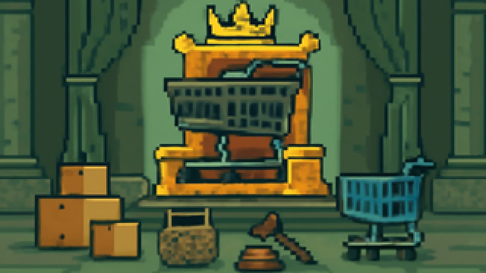 Pixel-art shopping cart wearing a crown on a throne, surrounded by boxes, a knitted basket, a gavel and a trolley.