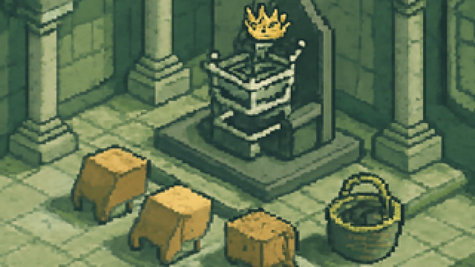 Pixel-art shopping cart wearing a crown on a throne in a marble hall, with cardboard boxes and a knitted basket bowing before it.