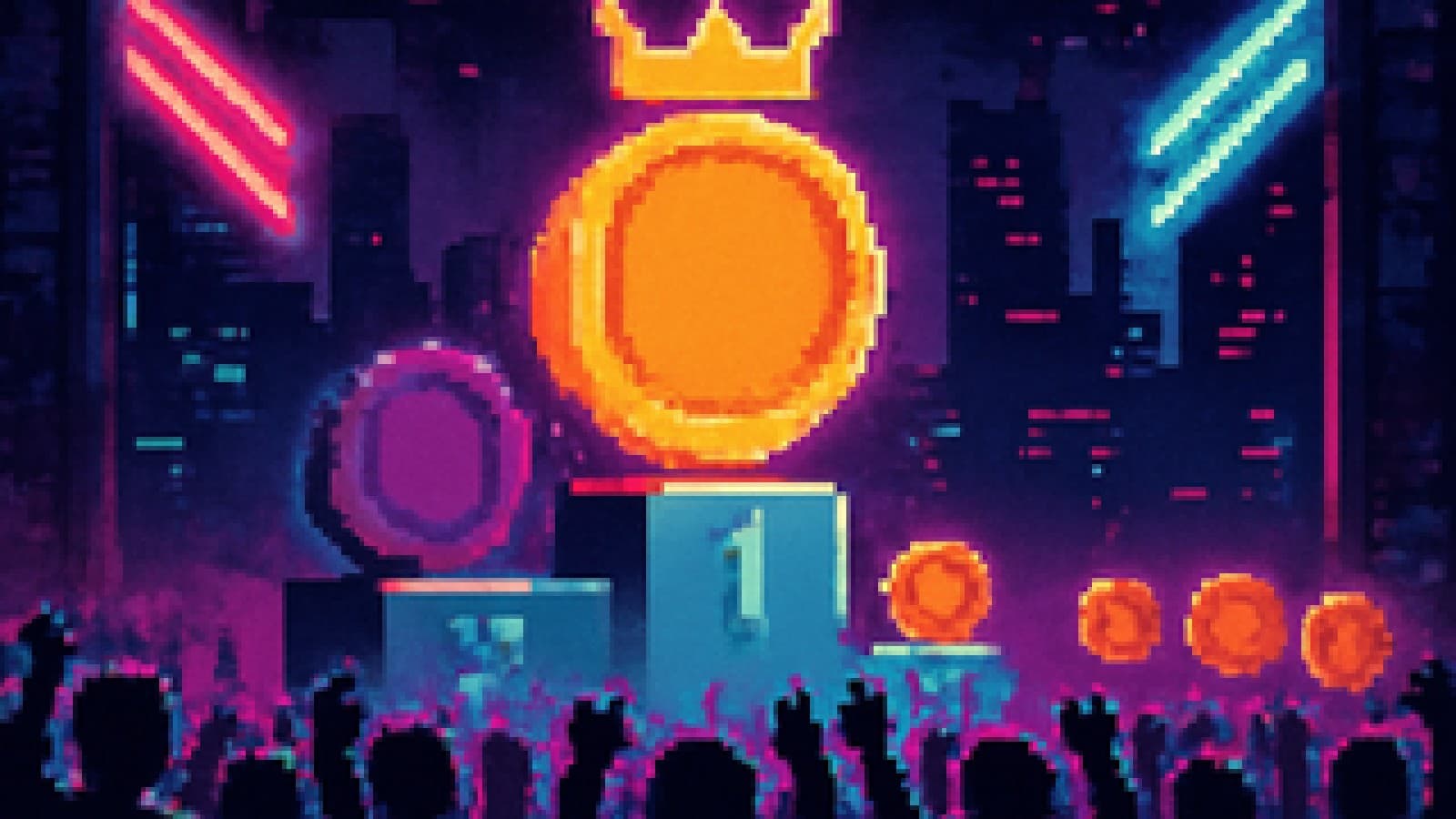 Pixel-art podium with a crowned orange coin in first place and a purple-green coin in second as a crowd cheers.