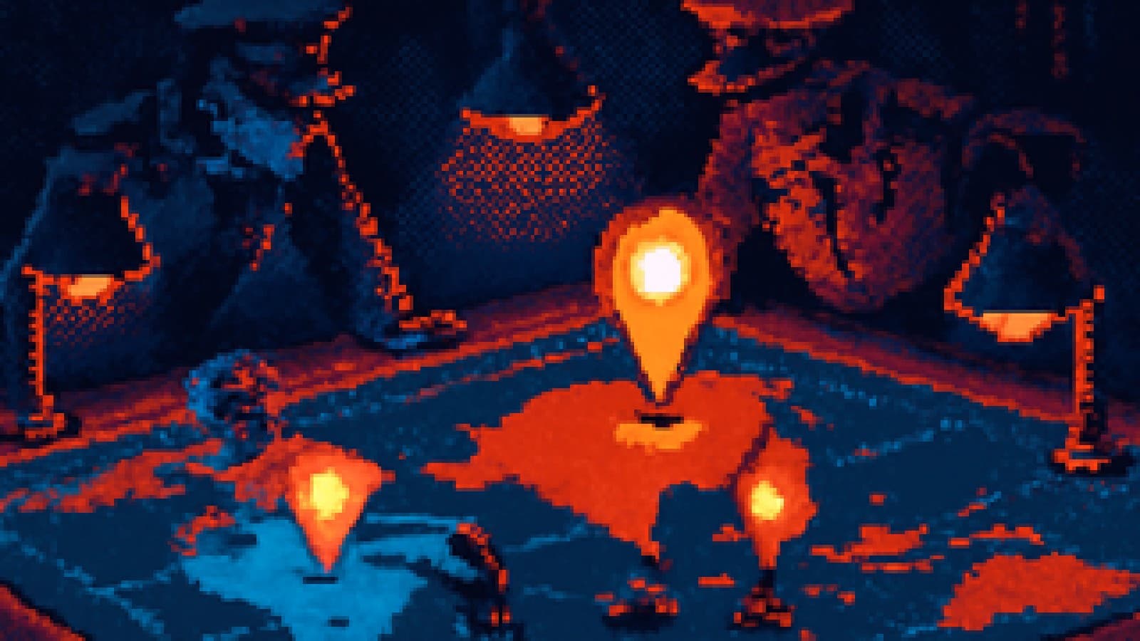 Pixel-art war room with a glowing marker over India and a smaller one over North America on a giant map table.