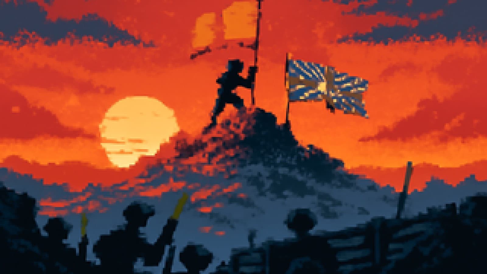 Pixel-art mountain battlefield at sunrise with an orange banner on the top peak and another banner on a lower ridge.