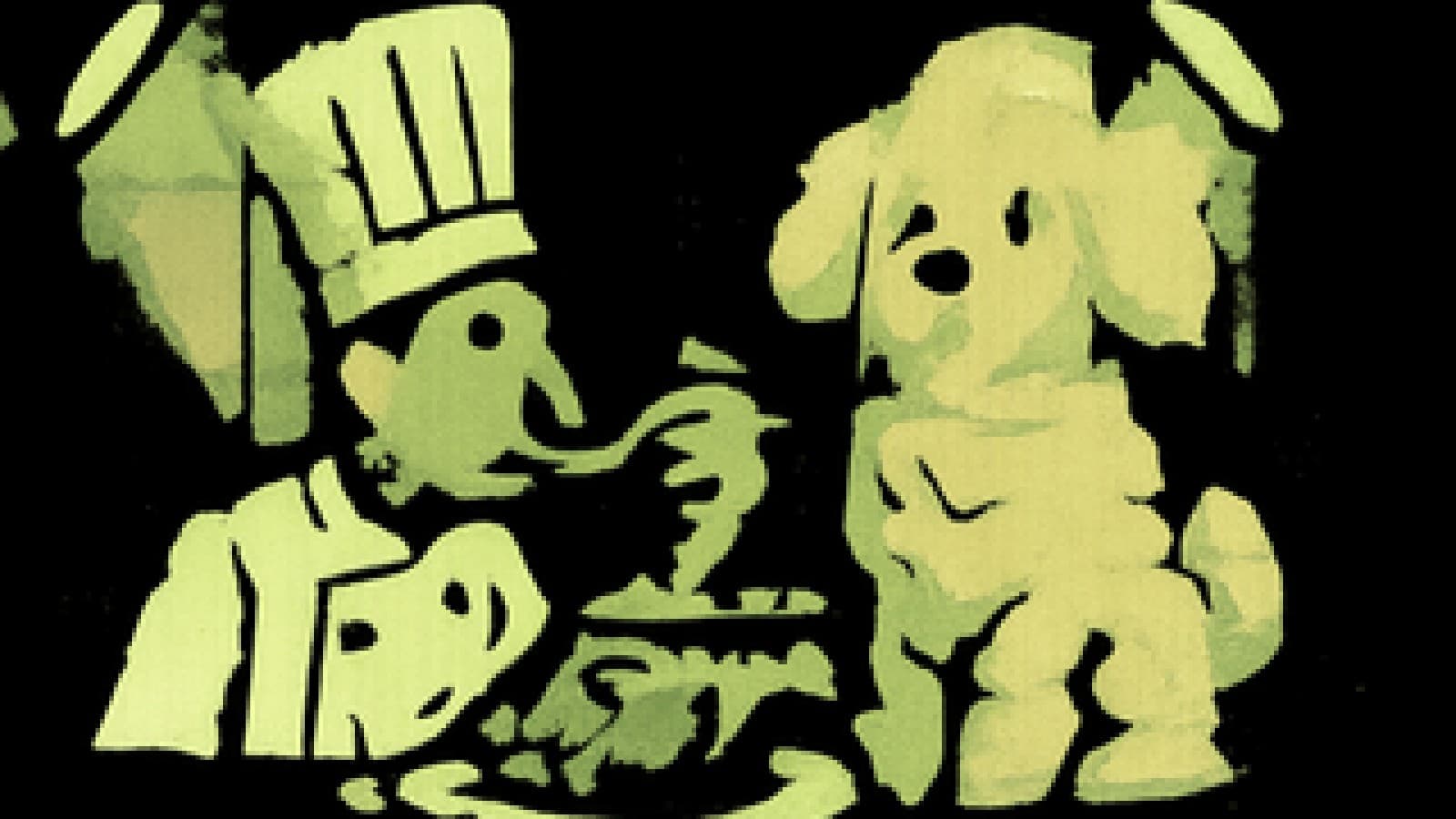 Pixel-art cooking show judge choosing a roast over a melting cotton-candy dog sculpture