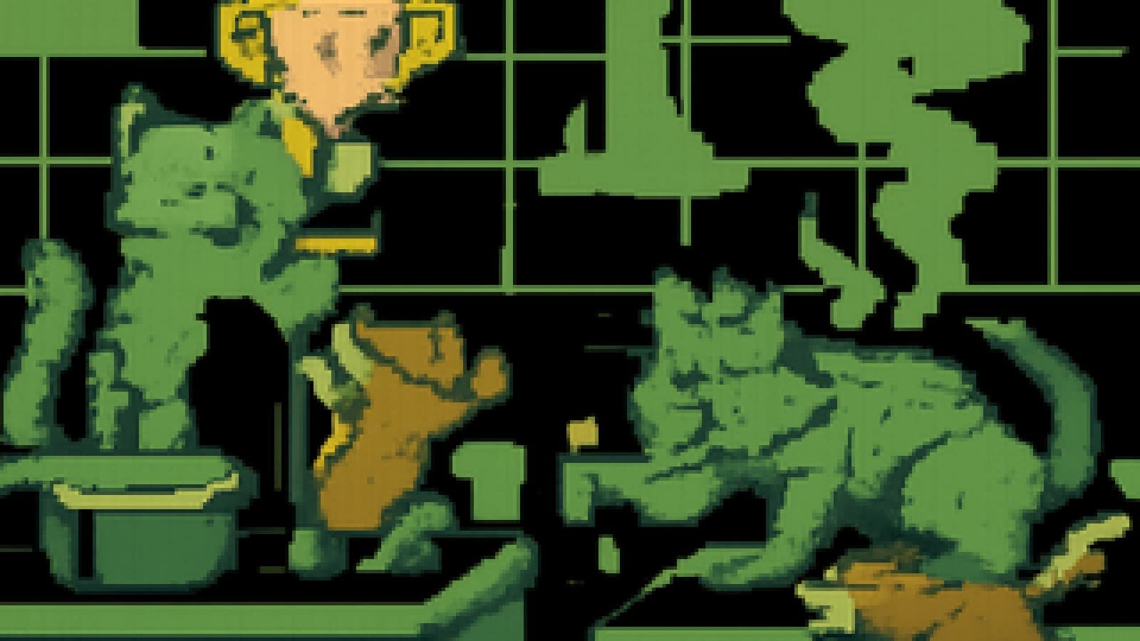 Pixel-art kitchen with a cat and mouse holding a cheese trophy next to another cat and mouse squabbling over a crumb