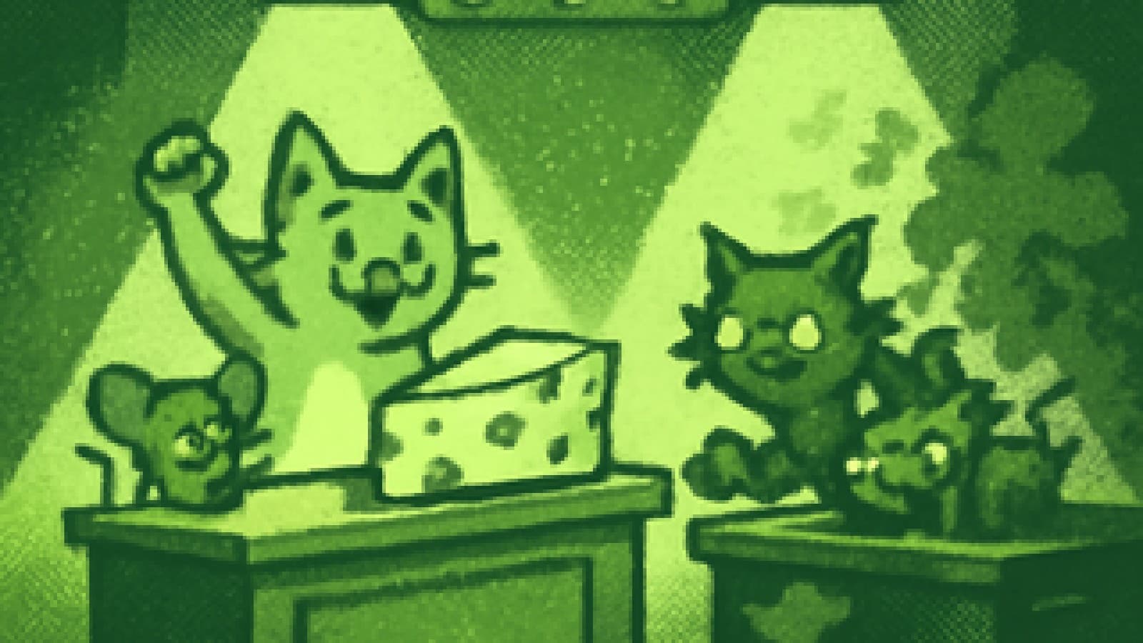 Pixel-art cooking-show stage with two rival cat-and-mouse pairs at competing kitchen stations, one holding a giant cheese wedge