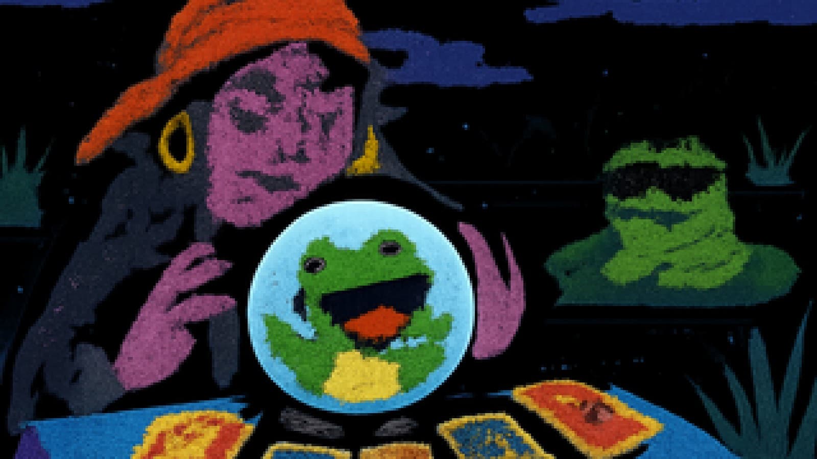Pixel-art crystal ball showing a laughing frog while a frog in sunglasses sulks on a lily pad.