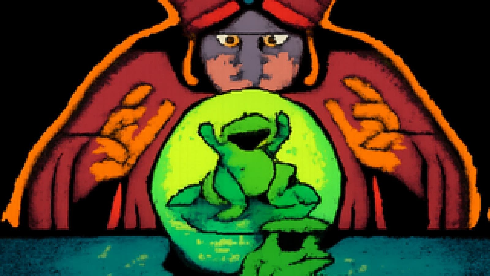 Pixel-art crystal ball showing a laughing frog on a lily-pad throne above a defeated frog in sunglasses.