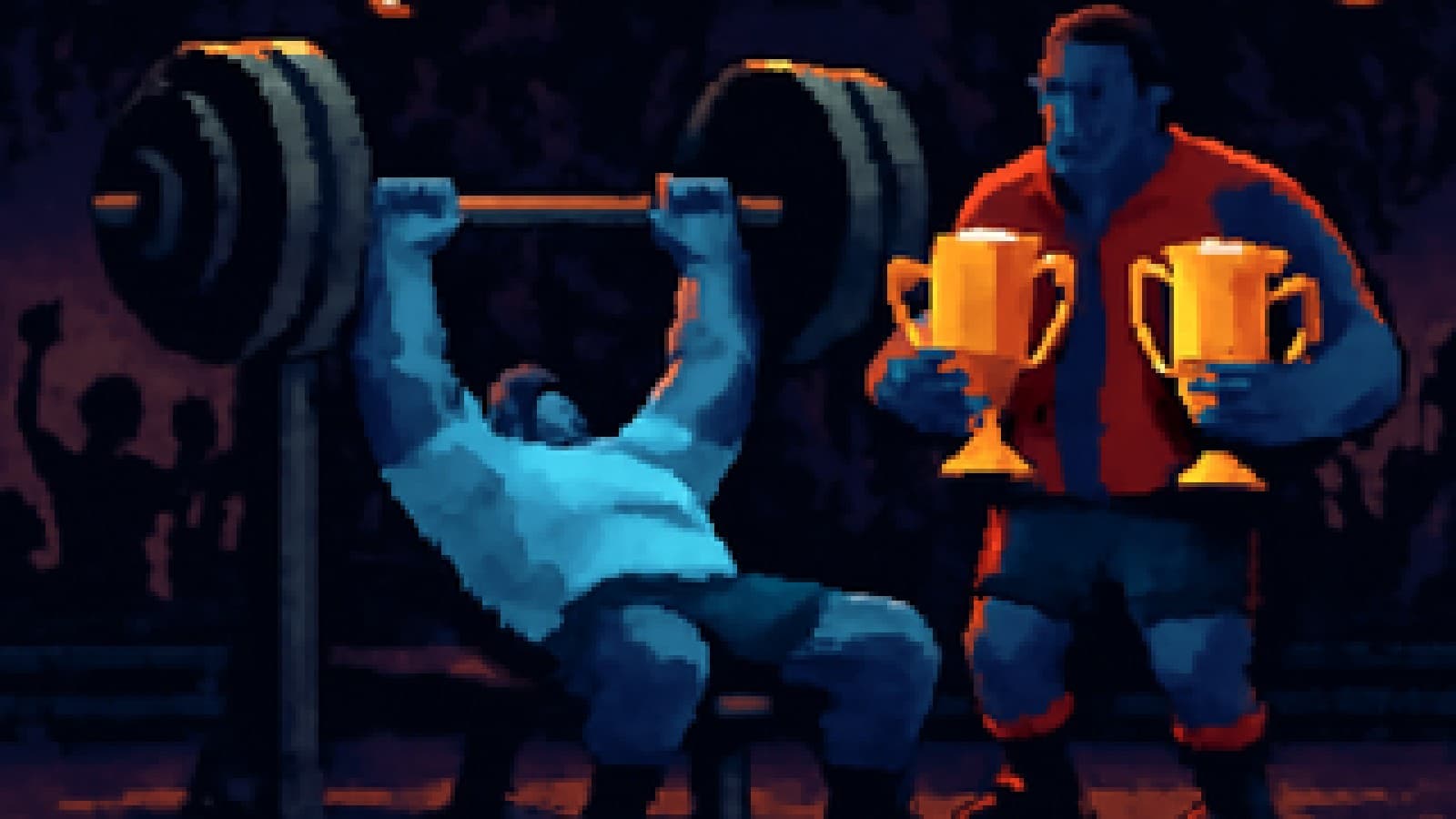 Pixel-art of a sky-blue lifter pressing a heavy barbell while a navy-and-red lifter holding two trophies looks on nervously