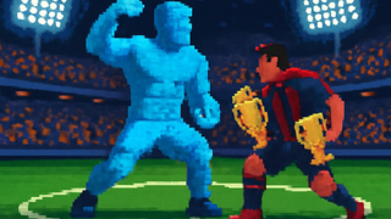 Pixel-art of a sky-blue giant flexing in a stadium as a navy-and-red giant holding two trophies steps back