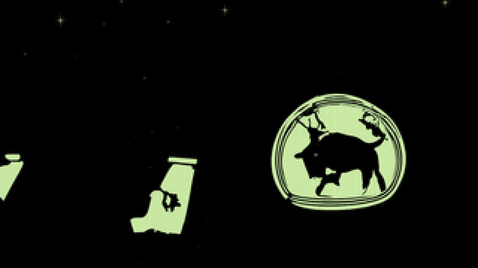 Pixel-art crystal ball showing a crowned bull while a shaggy bison grazes outside a fortune teller's tent.