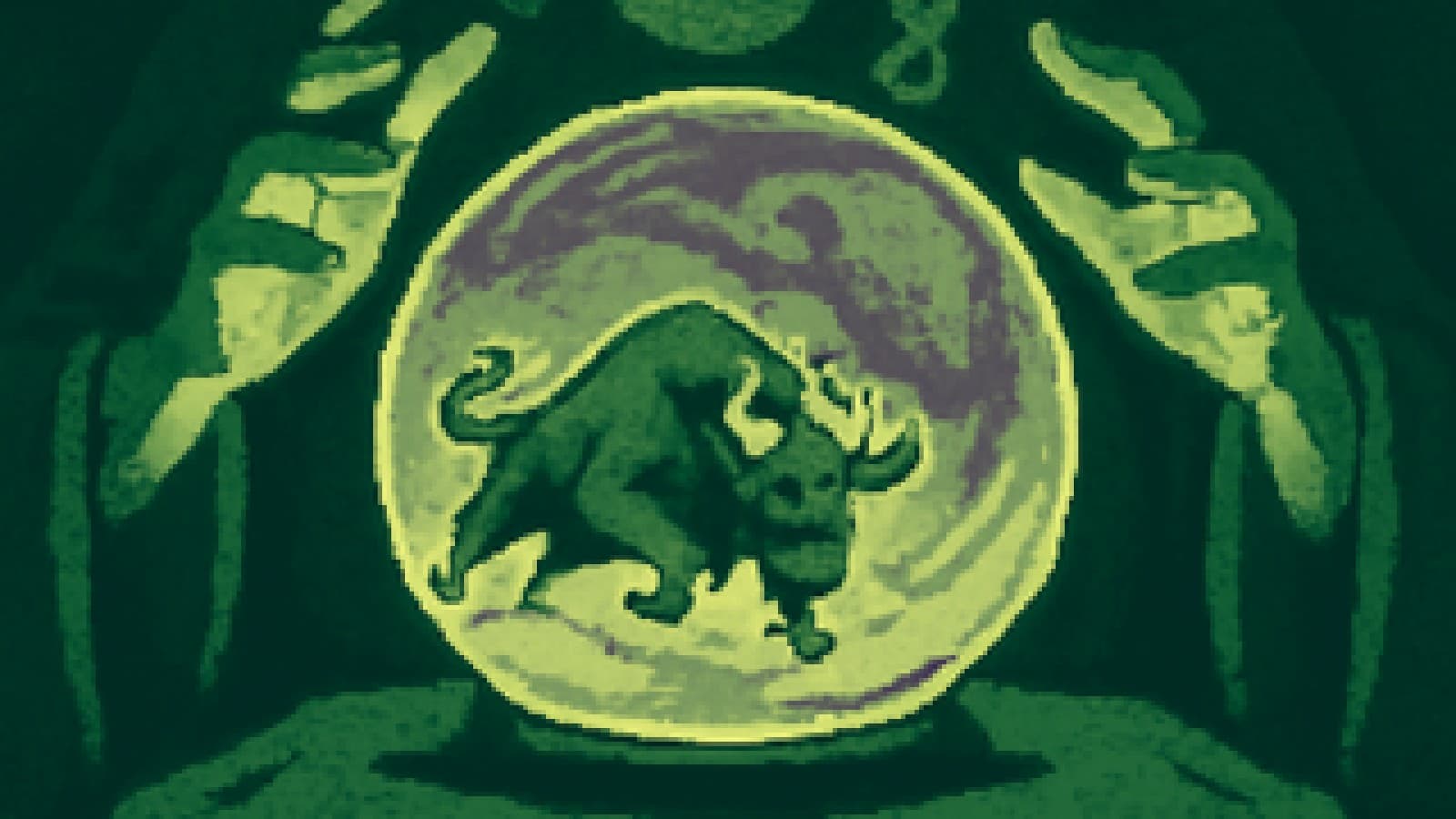 Pixel-art crystal ball showing a crowned charging bull with a bison fading into mist behind it.