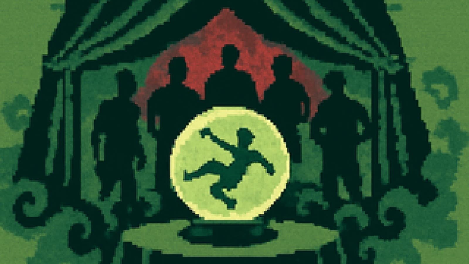 Pixel-art crystal ball showing a footballer mid-volley while four shadowy figures wait in red and black smoke