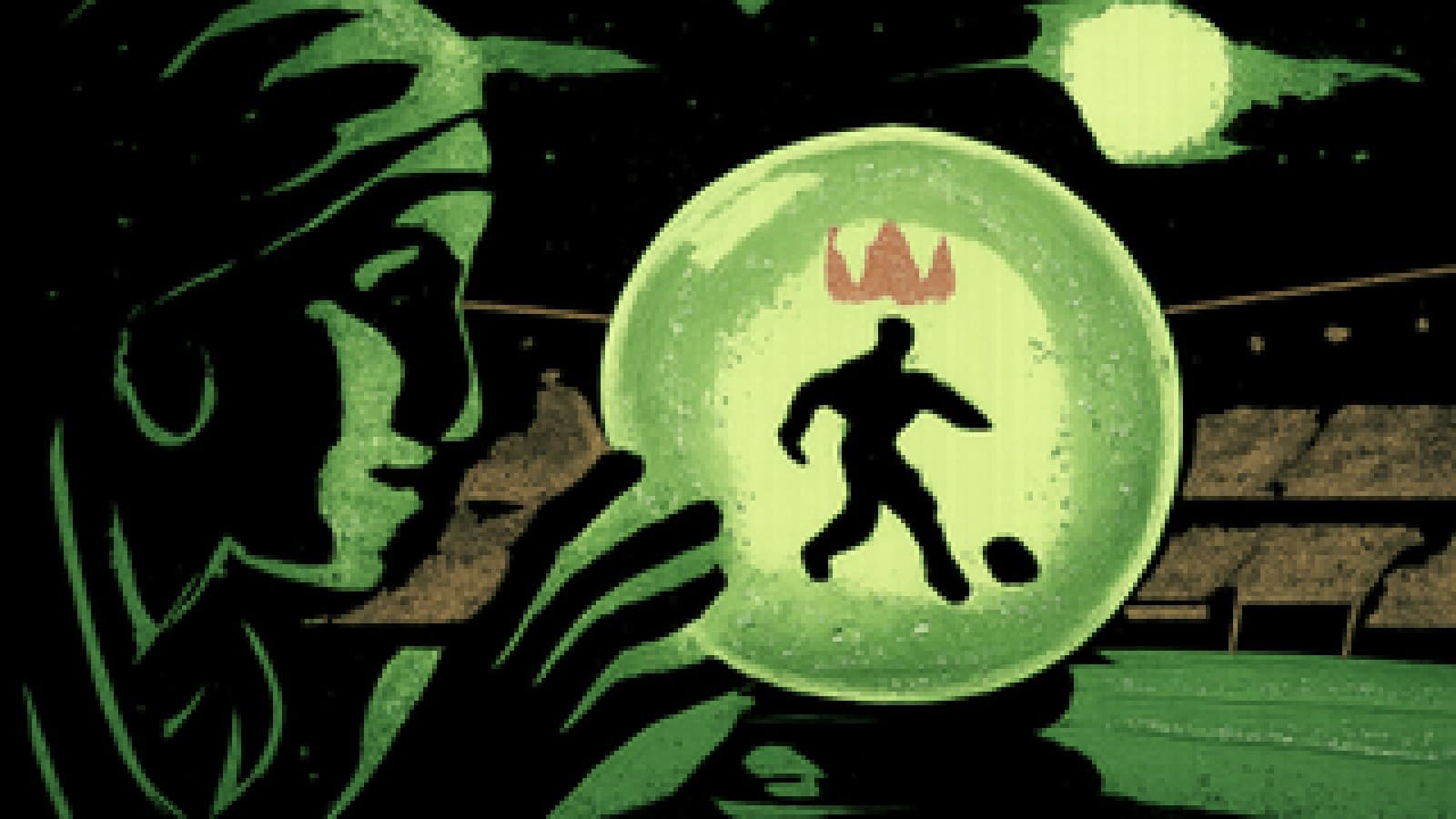 Crystal ball holding a golden crown and a striker silhouette, glowing over a red and black stadium at night
