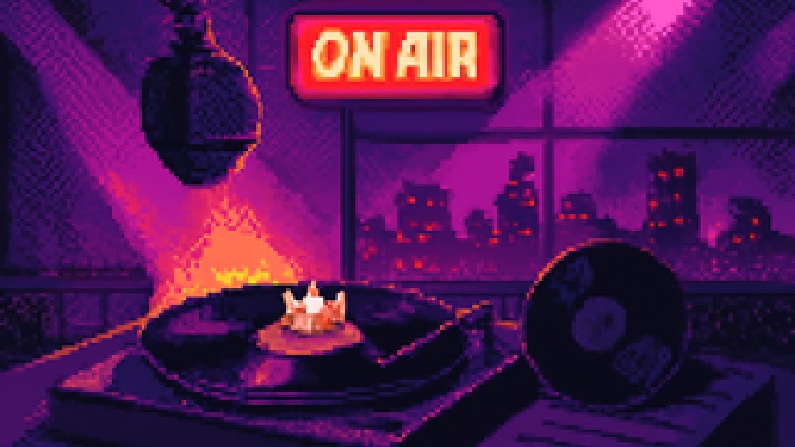 Pixel-art radio studio at night with a crowned vinyl record spinning on a turntable