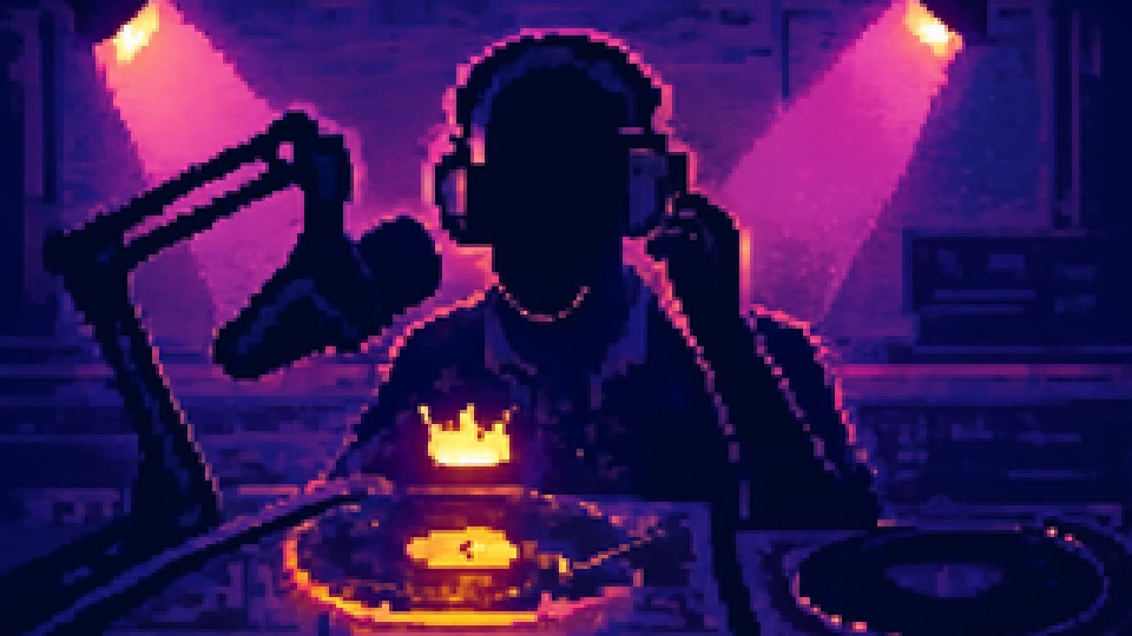 Pixel-art neon radio booth with a crowned golden vinyl record on a turntable and a second record in the shadows