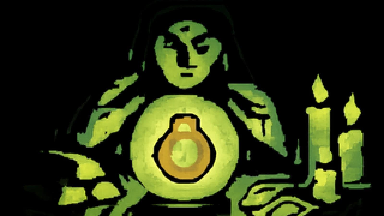 Pixel-art crystal ball showing a crowned digital coin above dimly glowing gold bars on a candlelit fortune teller's table.