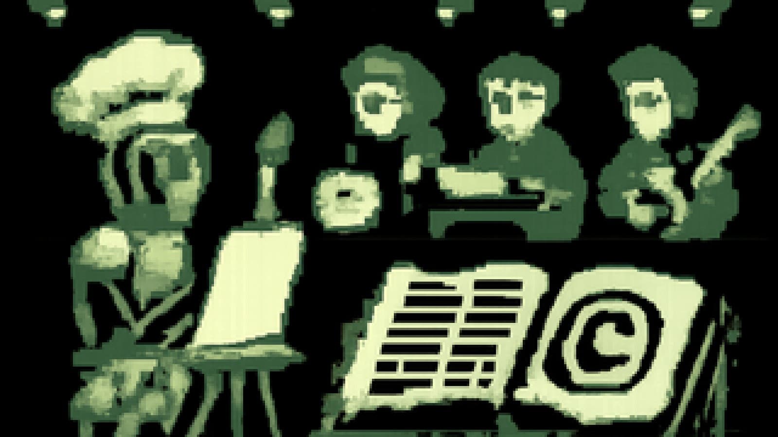 Pixel-art robot chef painting on a cooking-show stage while human artists judge