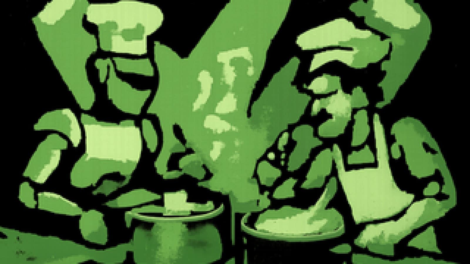 Pixel-art robot chef and human artist competing at rival cooking stations under spotlights