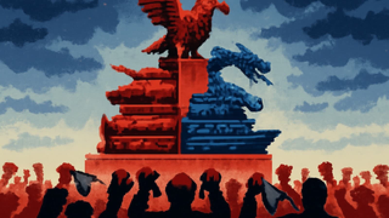 Pixel-art podium built from military hardware with an eagle machine first and a dragon machine second, ordinary people below with empty pockets.