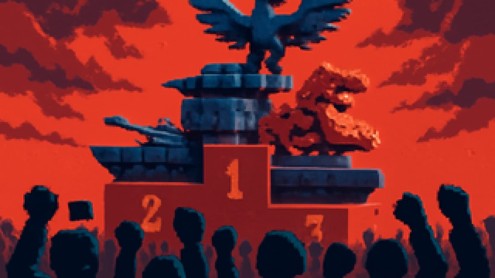 Pixel-art podium of military hardware topped by an eagle war machine with a dragon machine in second place, a defiant crowd gathered below.