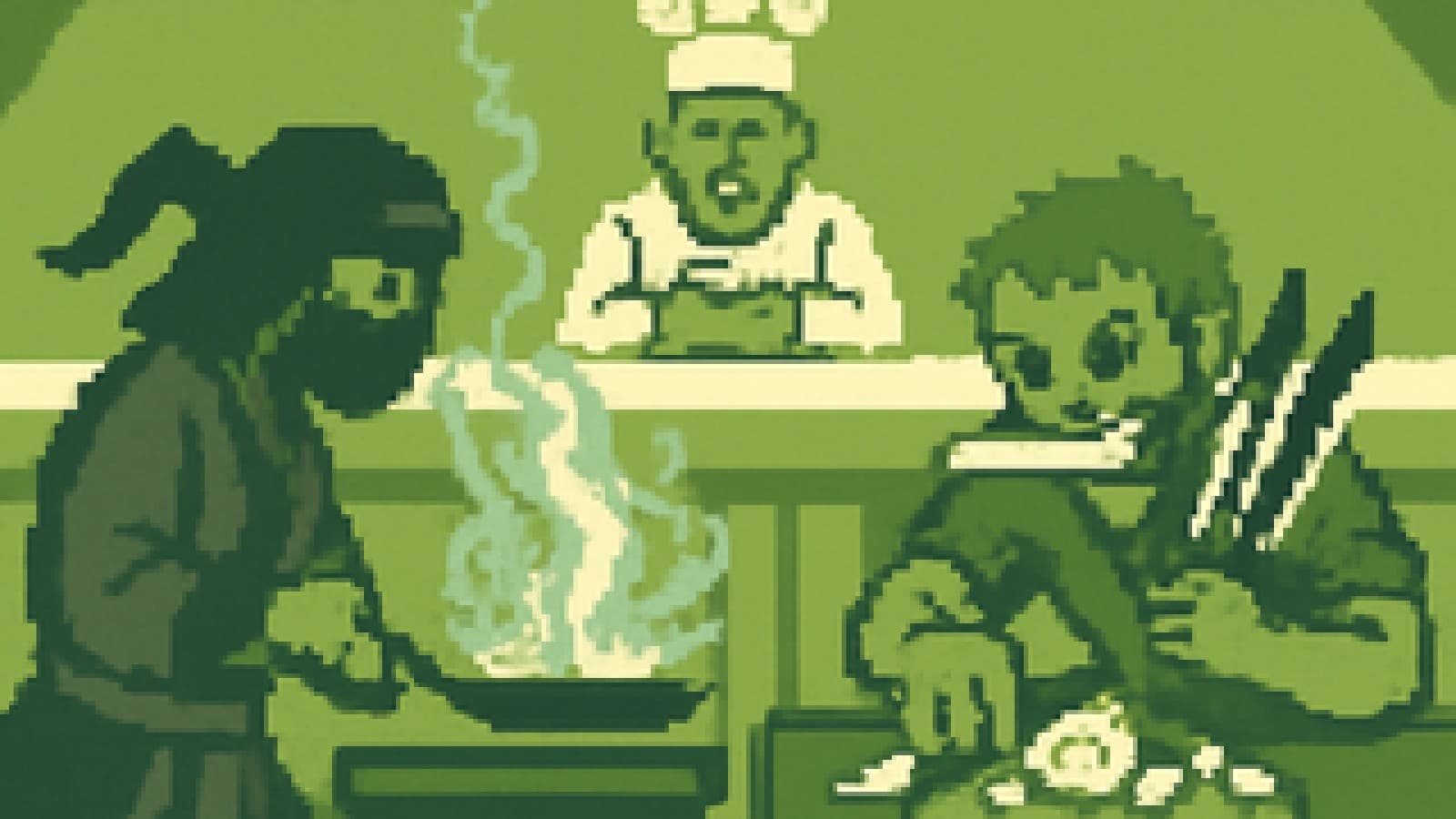 Pixel-art kitchen showdown between a lightning-wielding ninja chef and a three-knife swordsman chef as a judge looks on