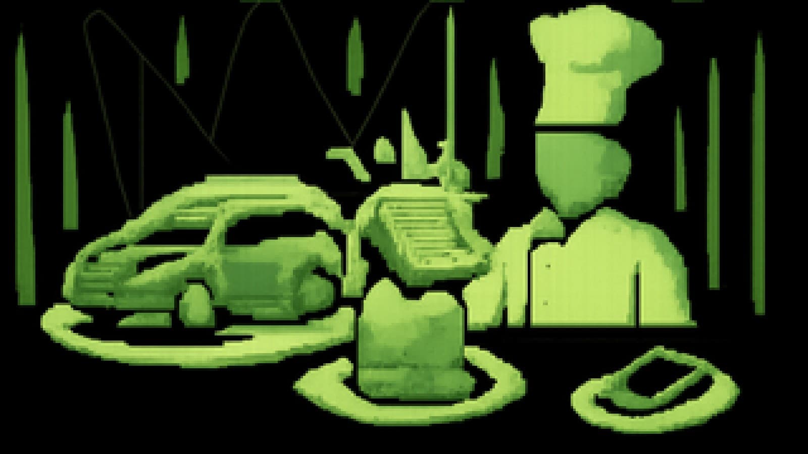 Pixel-art kitchen stage with an electric car on a platter, a glowing chip like a soufflé, and a neglected smartphone on a plain plate.