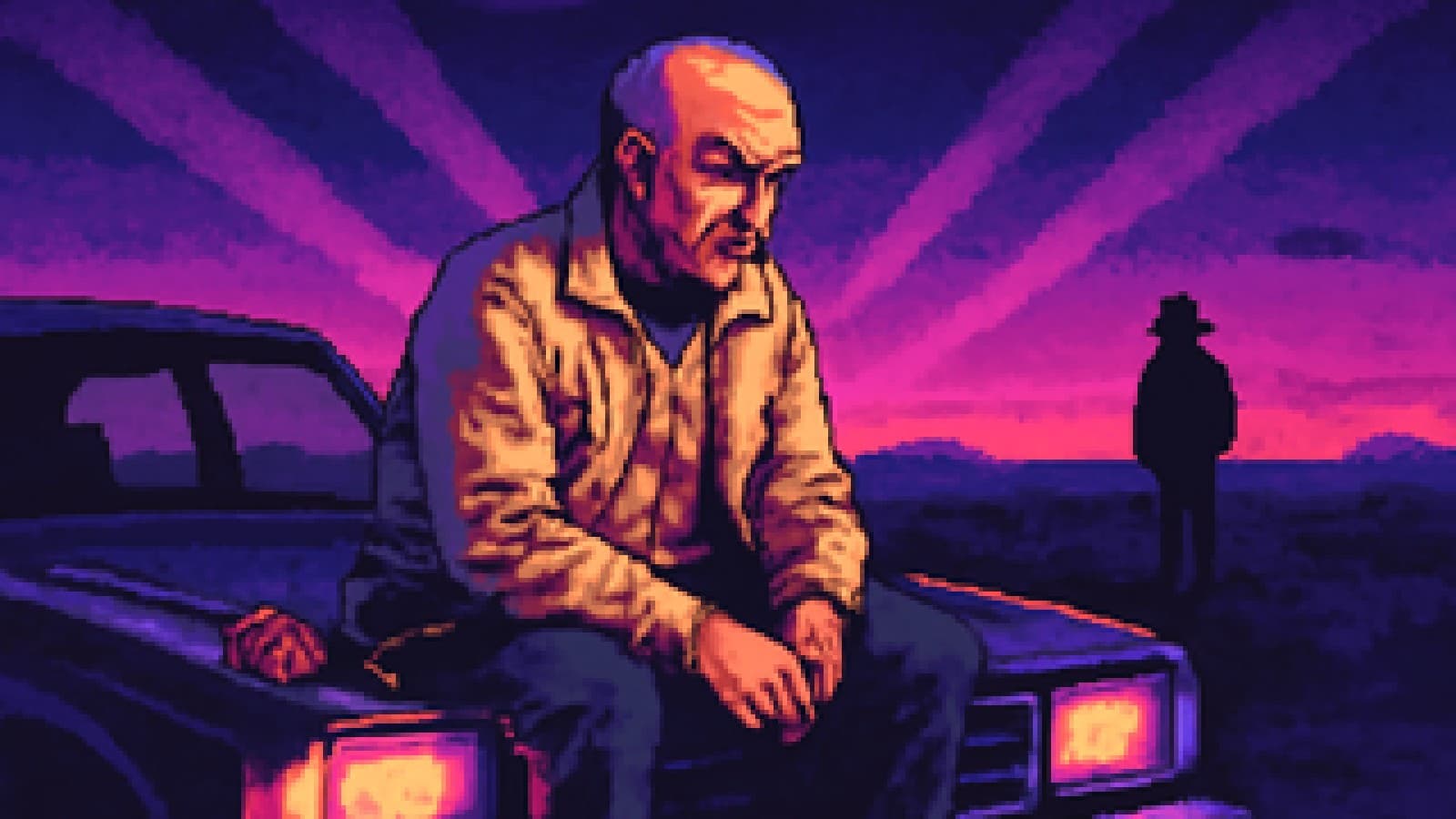 Pixel-art desert at sunset with a quiet man on a car hood holding a rose, a lonely hatted figure far away