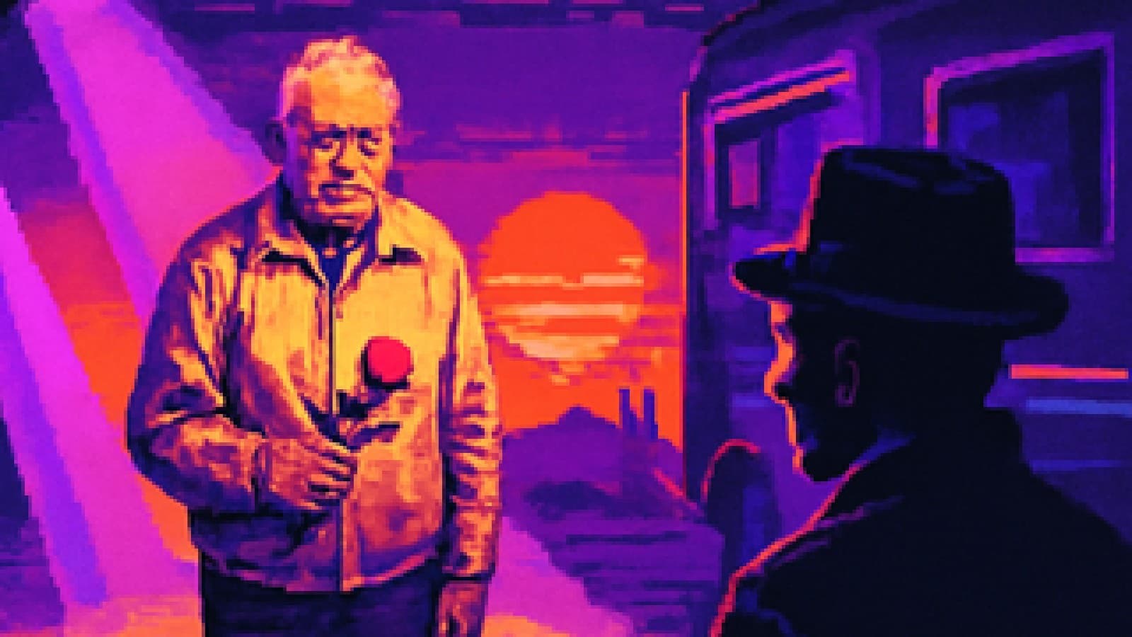 Pixel-art desert stage at sunset where a calm man in a windbreaker holds a rose in the spotlight and a hatted figure watches from the shadows