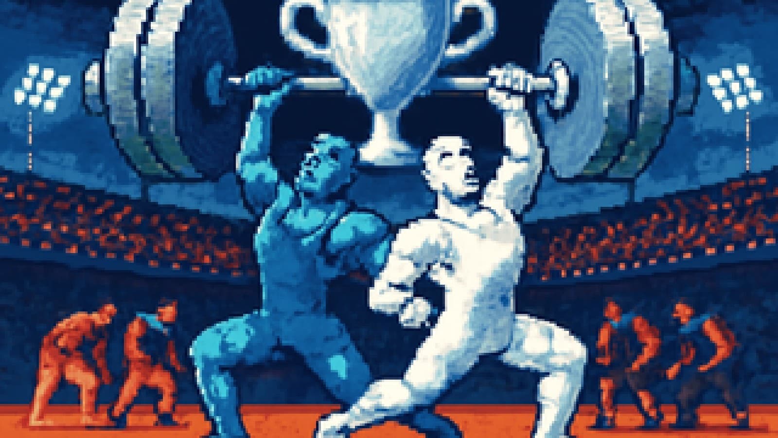 Pixel-art lifters in sky blue and white competing to lift a trophy-shaped barbell, rivals warming up behind them.