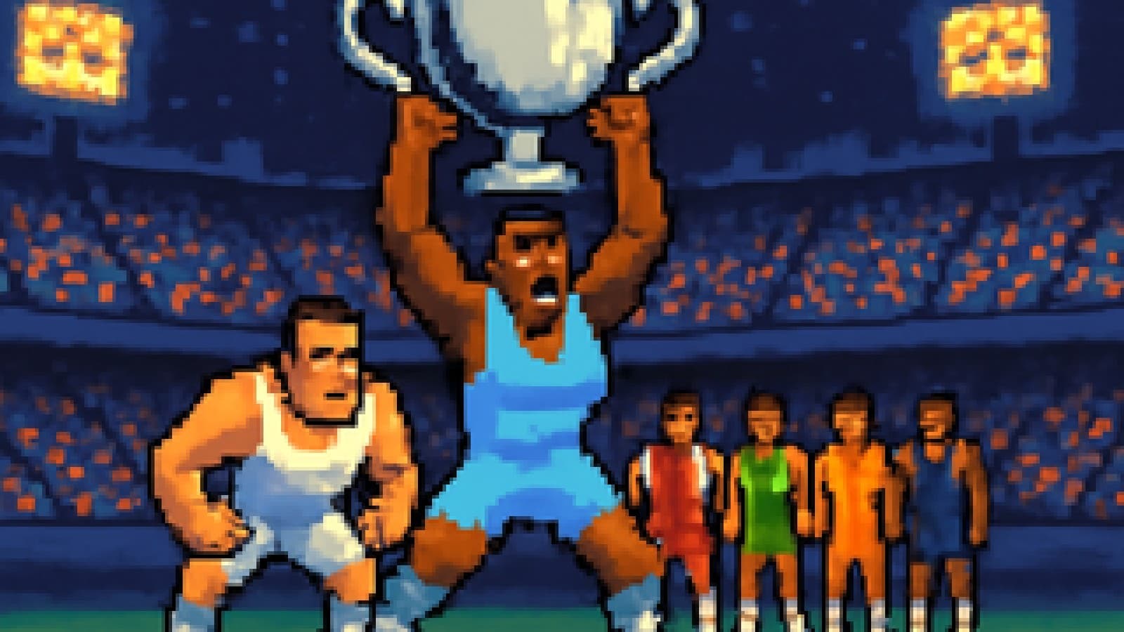 Pixel-art lifters in sky blue and white battling to raise a silver trophy in a stadium-gym under floodlights.