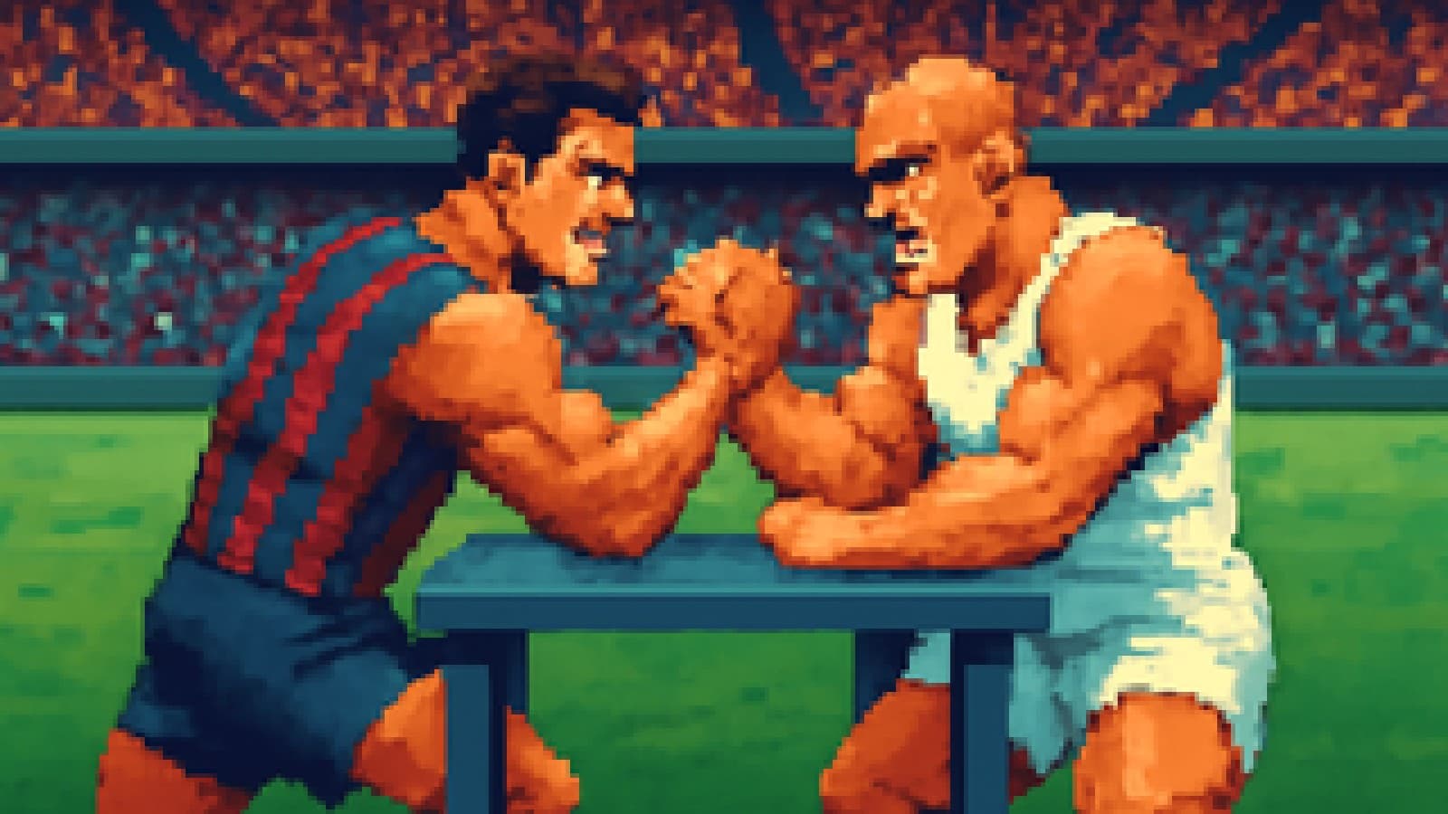 Two pixel-art athletes in Barcelona-style and Real Madrid-style colours arm-wrestling to a standstill in a stadium.