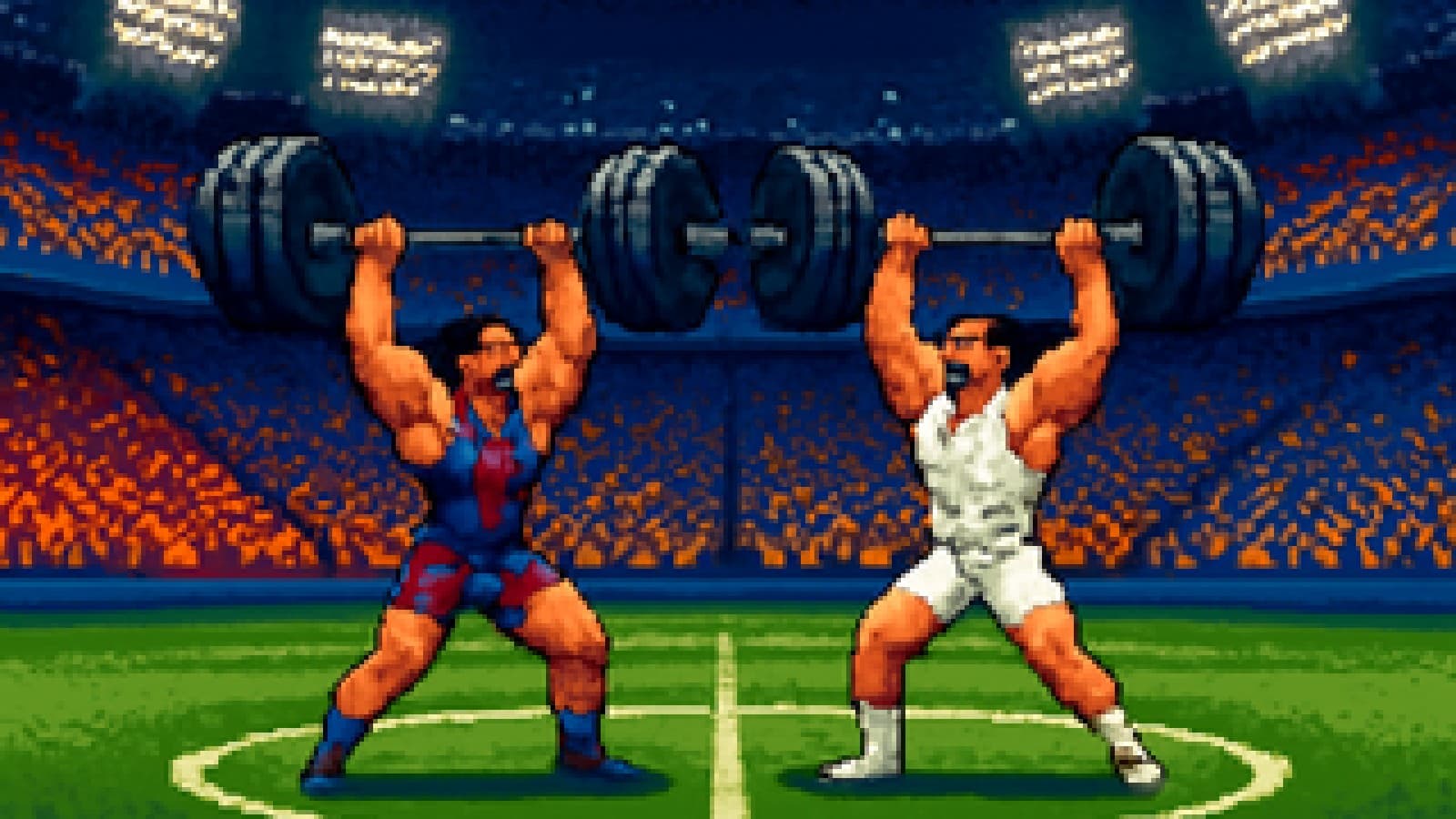 Two pixel-art powerlifters in Barcelona-style and Real Madrid-style colours holding barbells at exactly the same height on a football pitch.