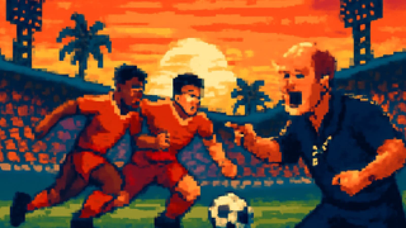 Pixel-art of two footballers in red sprinting for the ball while a coach yells from the touchline.