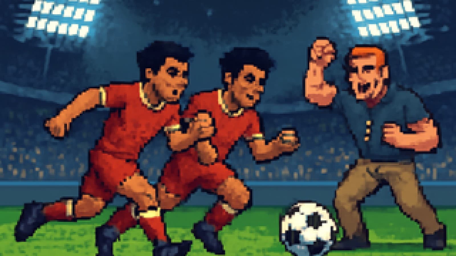 Pixel-art of two footballers racing for the ball in a lit stadium as a loud coach cheers from the sideline.