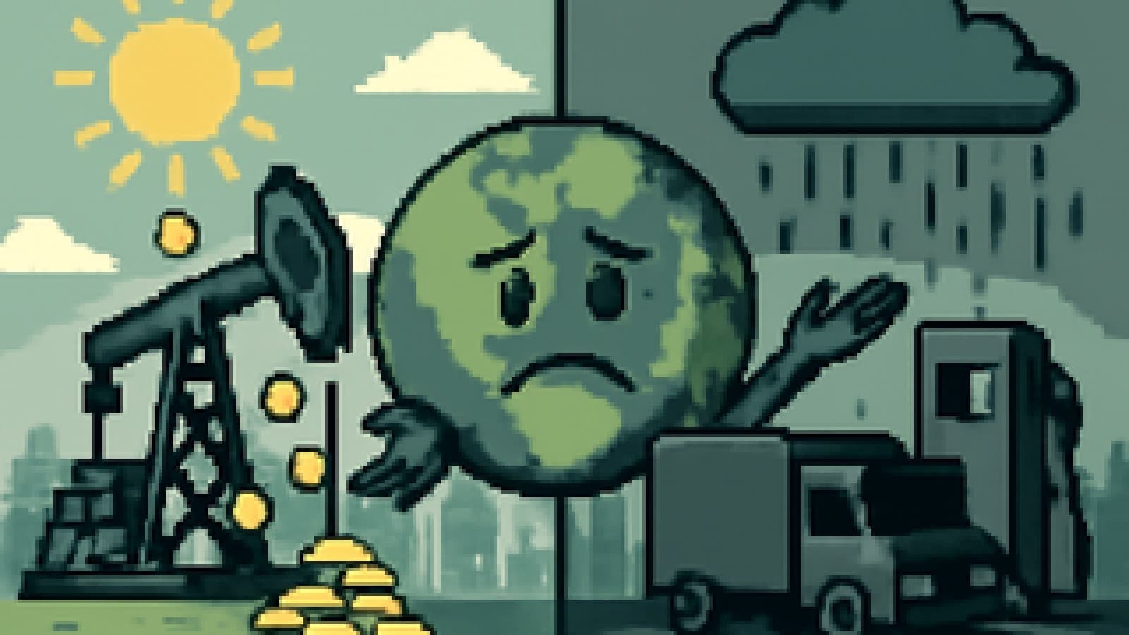 Pixel art of a happy oil derrick and a gloomy truck at a fuel pump, with a shrugging globe between them.