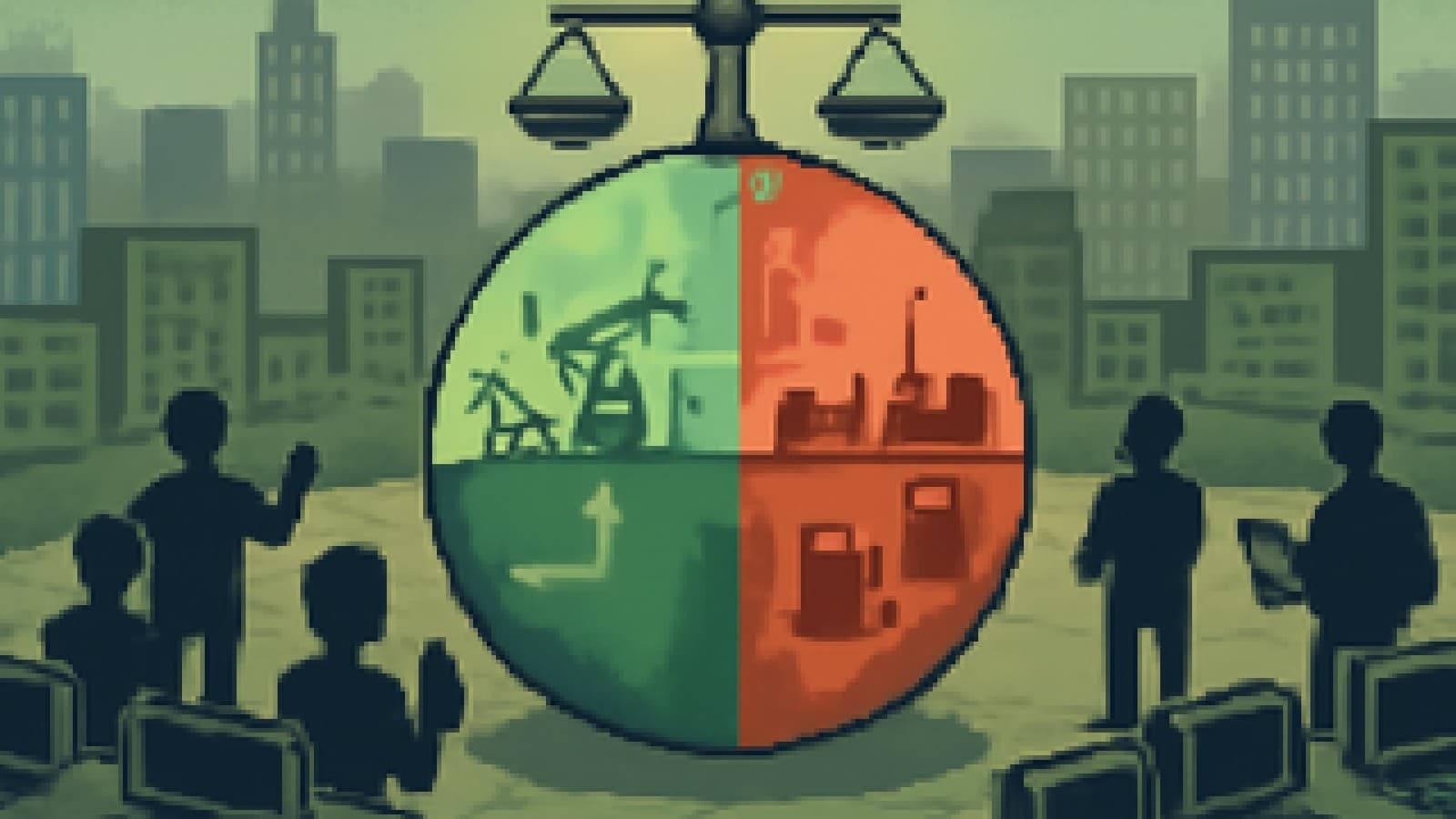 Pixel art of a globe split into a thriving green half with oil rigs and a struggling red half with idle factories, topped by a slightly tilted balance scale.