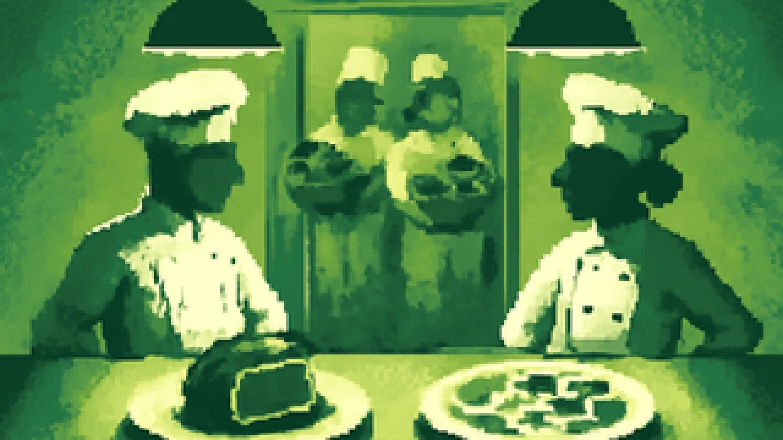Pixel-art illustration of two chefs facing off at a restaurant pass with contrasting dishes while two rivals watch from a walk-in fridge.