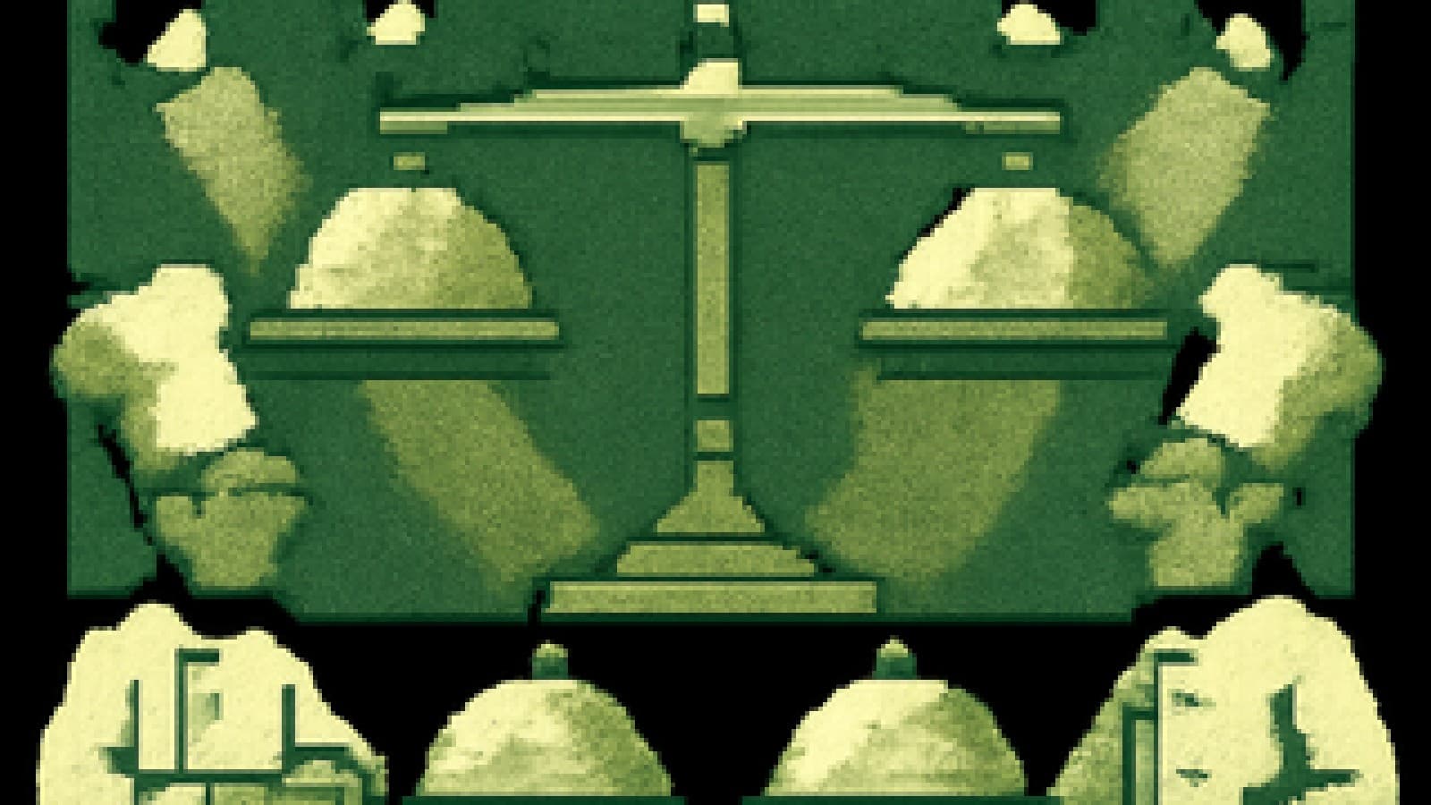 Pixel-art balance scale holding two covered chef's plates perfectly level on a cooking-show stage.