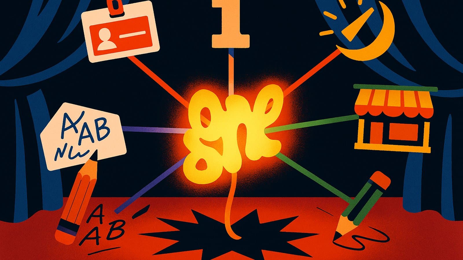 An illustrated tug-of-war over one glowing word, with ropes leading to a name tag, a number one, a beam of light, a shop sign and a pencil.