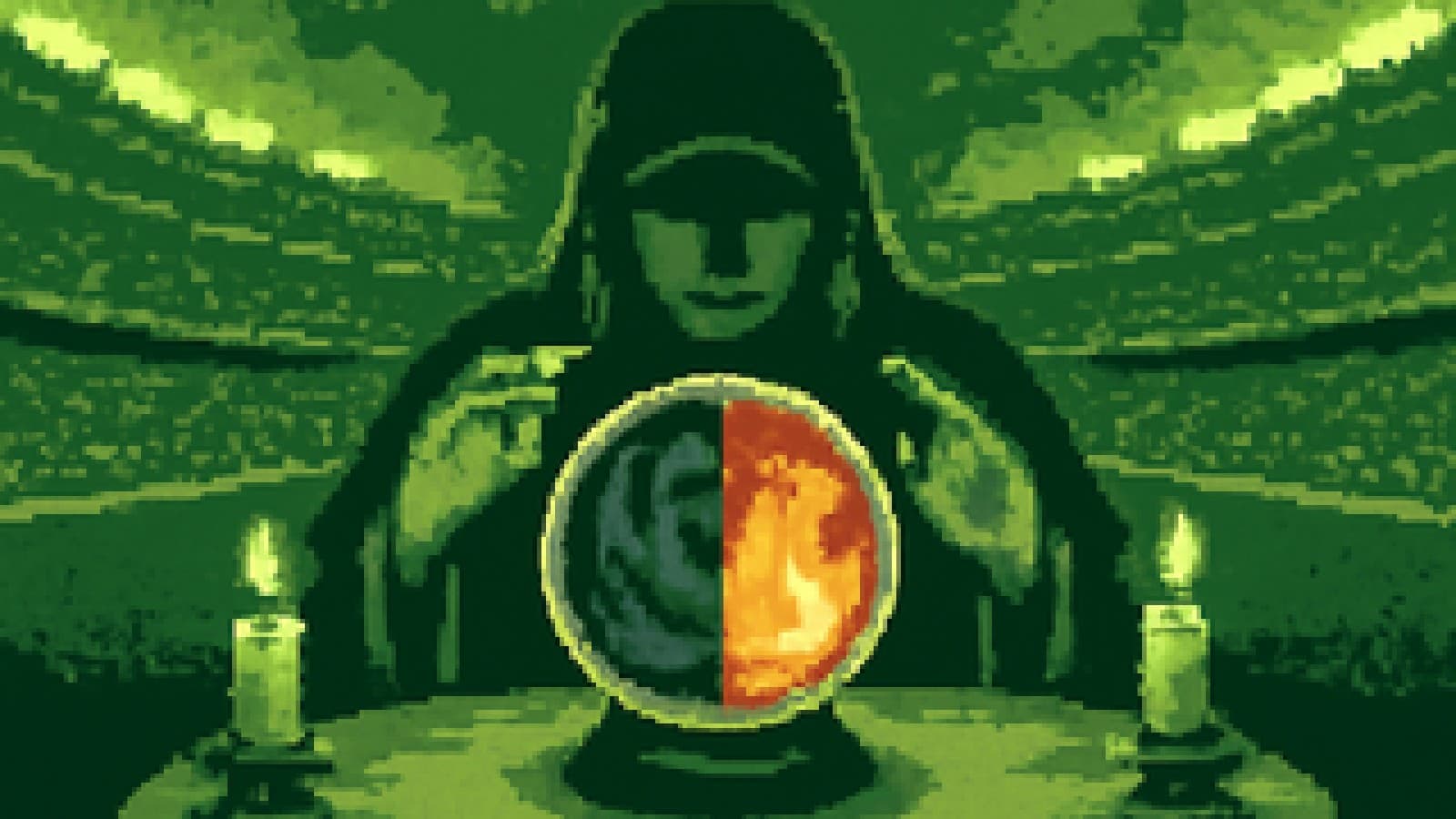 A crystal ball split into two swirling colours, set on a candlelit table in front of a fiery, smoke-filled football stadium.