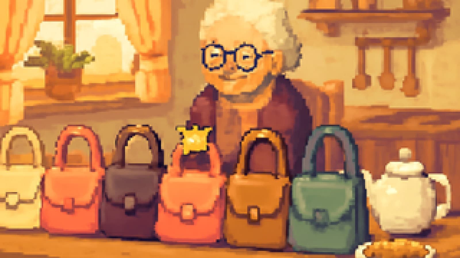 Pixel art of six handbags on a kitchen table, one wearing a small golden crown beside a teapot.