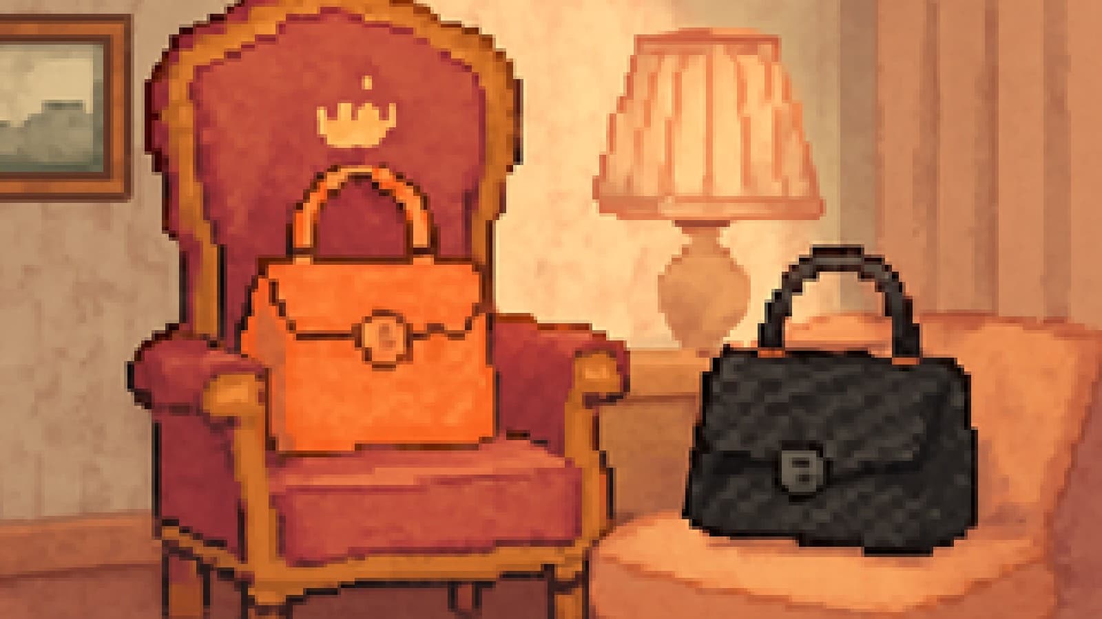 Pixel art of a crowned handbag on a velvet throne, with a black quilted handbag looking on from a cushion.