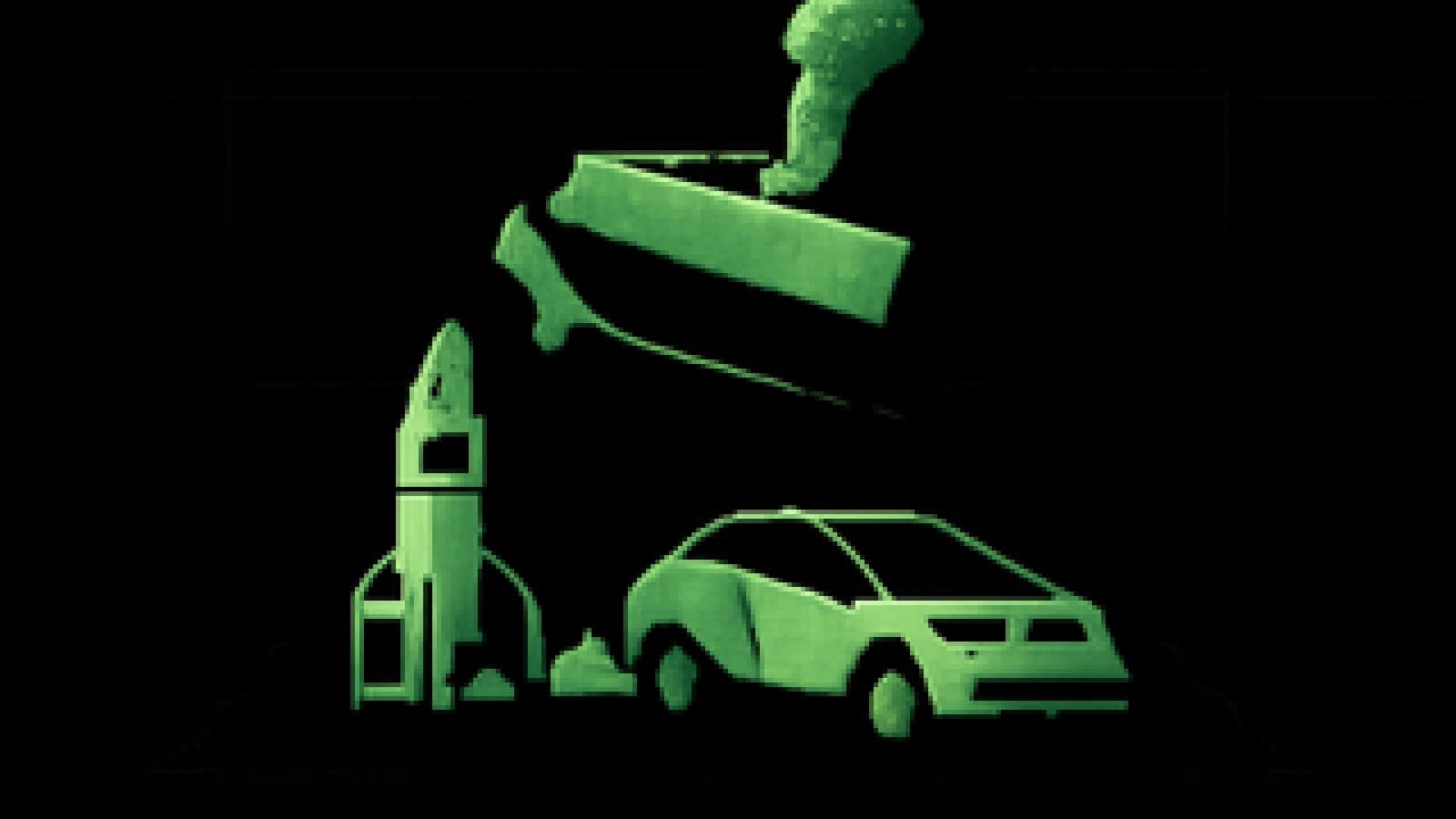 A toy rocket and a small electric car on a boardroom table beneath a large rubber stamp