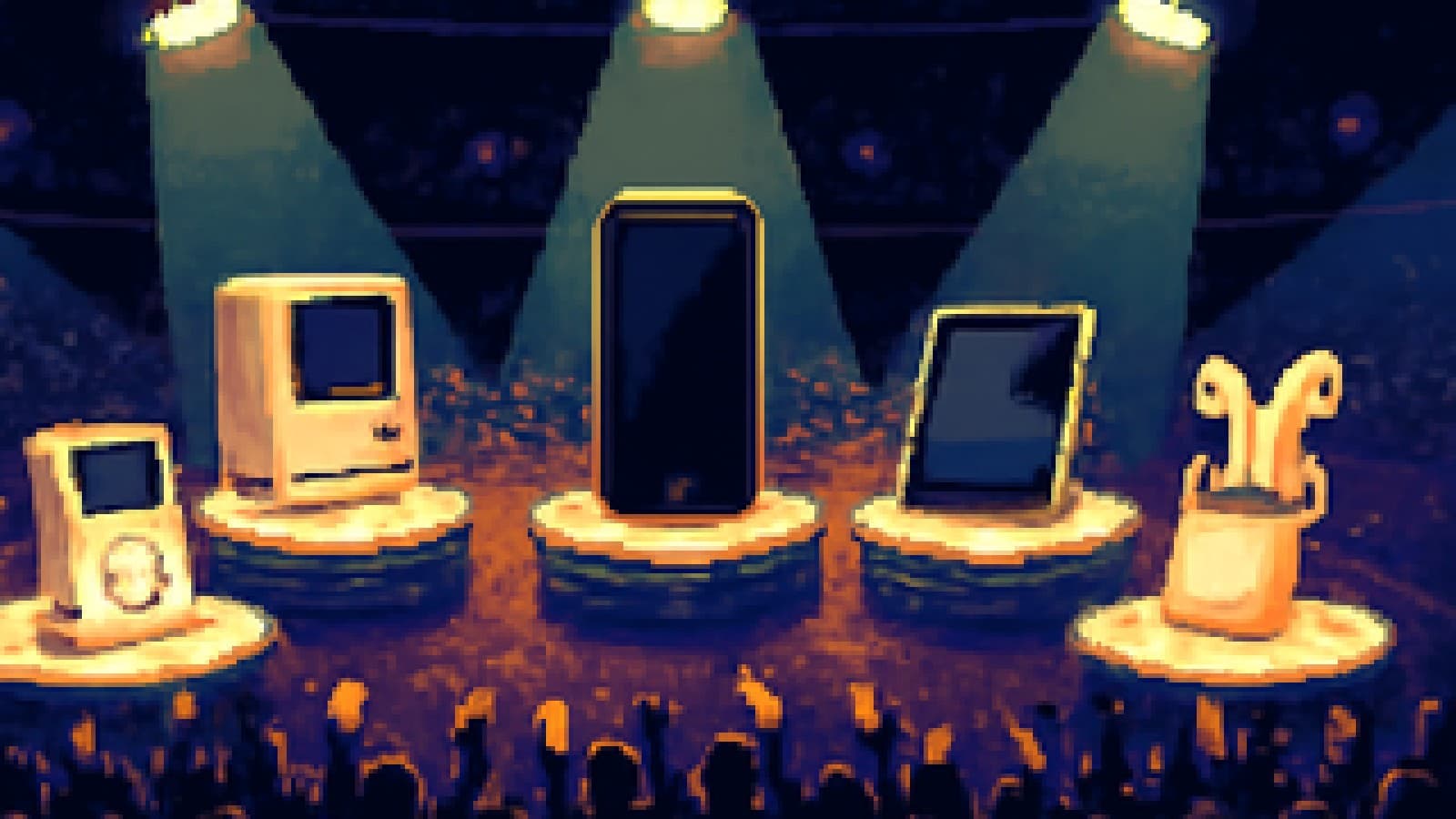 Pixel-art arena where five classic Apple-style devices stand on glowing pedestals in front of a cheering crowd.