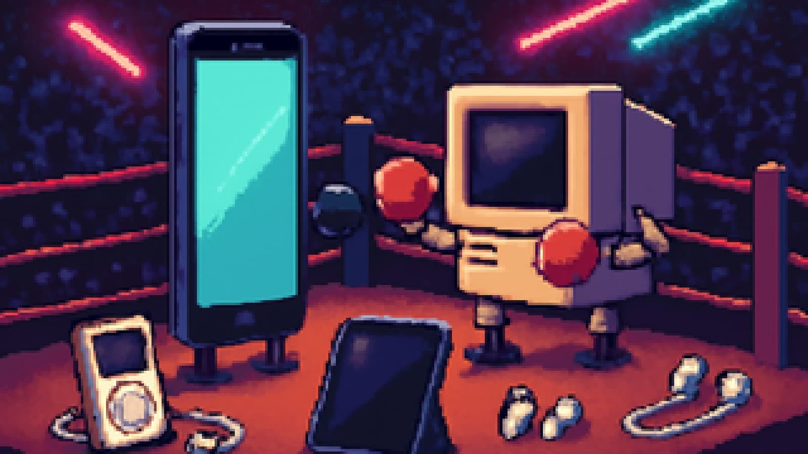 Pixel-art boxing ring where a smartphone faces off against a vintage desktop computer while other classic gadgets watch from ringside.