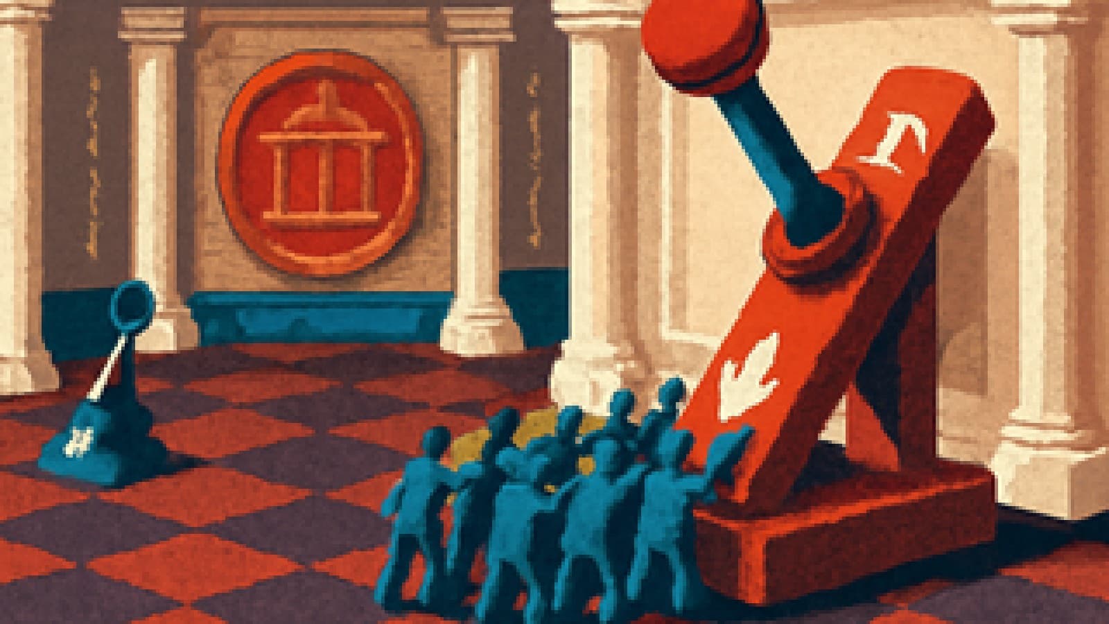 Pixel art of a crowd of tiny figures pushing a giant lever upward in a marble boardroom while a small lever sits unused.