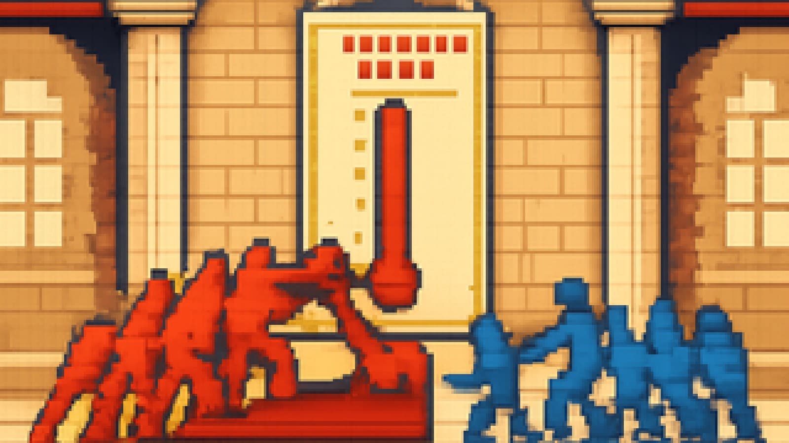 Pixel art of two crowds in a marble hall turning cranks of different sizes to push up a giant rate gauge.