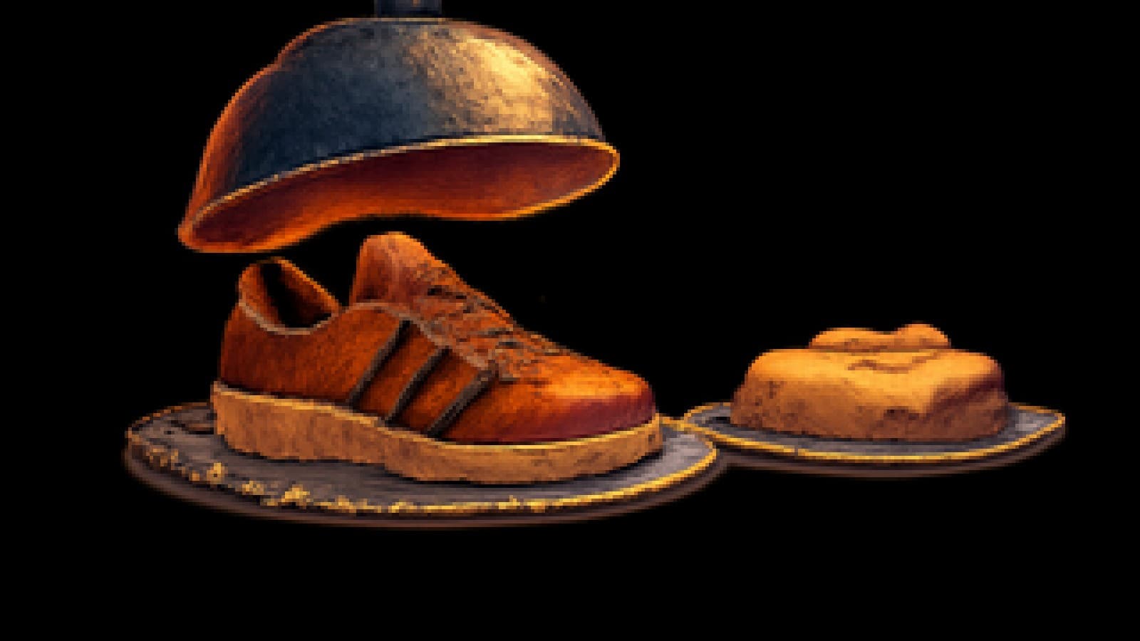 Pixel art of a striped sneaker served on a silver platter beside a neatly folded sweater on a cooking show stage.