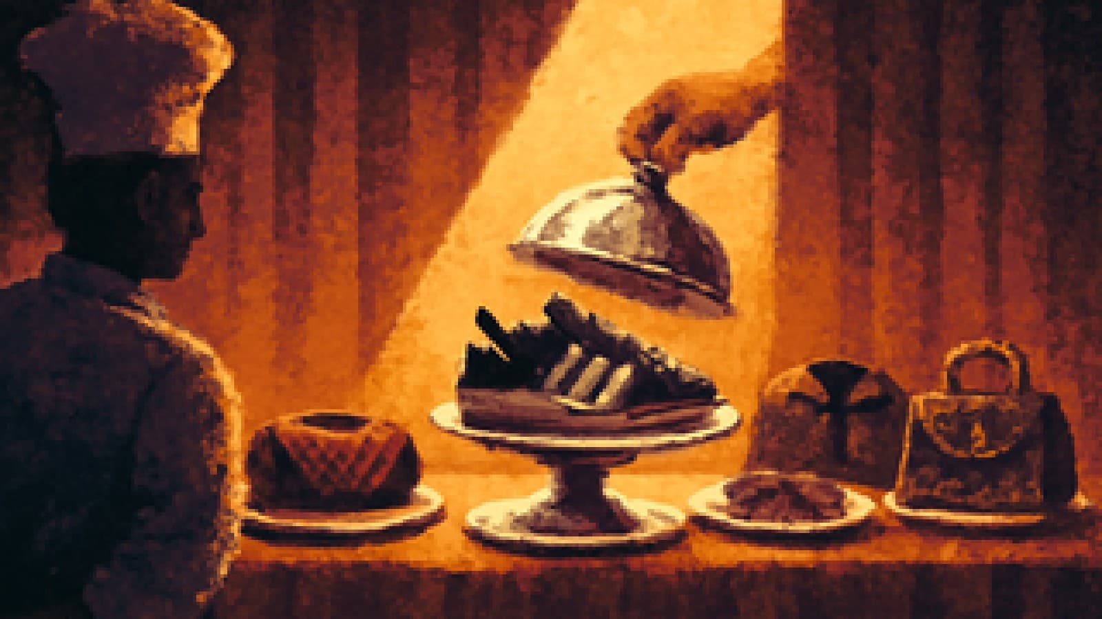 Pixel art of a cooking competition stage with a striped sneaker under a spotlight on a silver platter, and other clothing items on plates in the background.